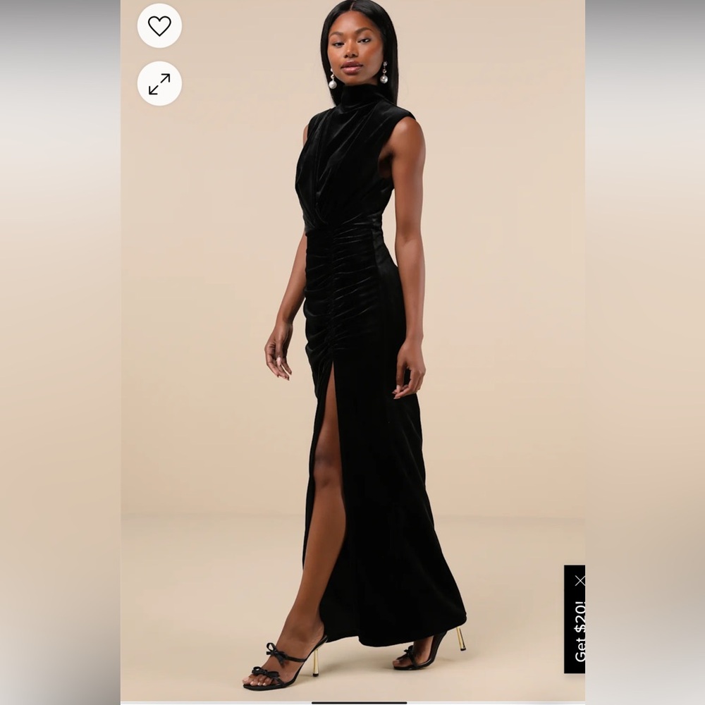 New Alluring Image Navy Blue Ruched Velvet Mock Neck Maxi Dress